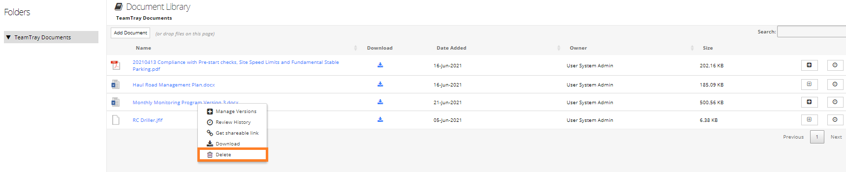 Delete a Document in the Document Library – PeopleTray